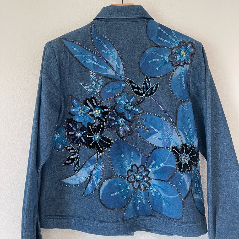 Vintage Anage Jean Jacket with Floral and Beaded Embellishments - Picture 12 of 13